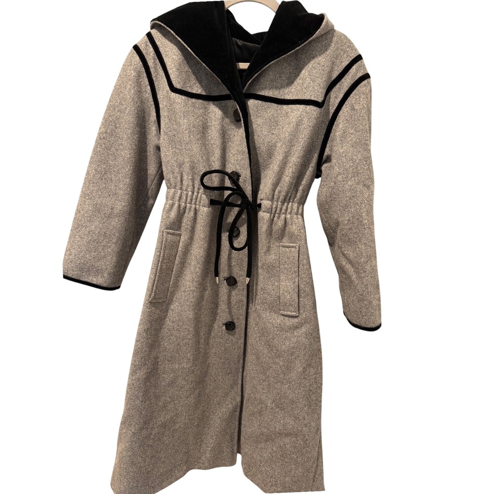 Vintage 1960s Youthcraft Velvet Trim Hooded Wool Coat Grey